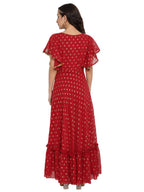Ahalyaa Maroon & Golden Printed Fit and Flare Maxi Dress | Grocsy