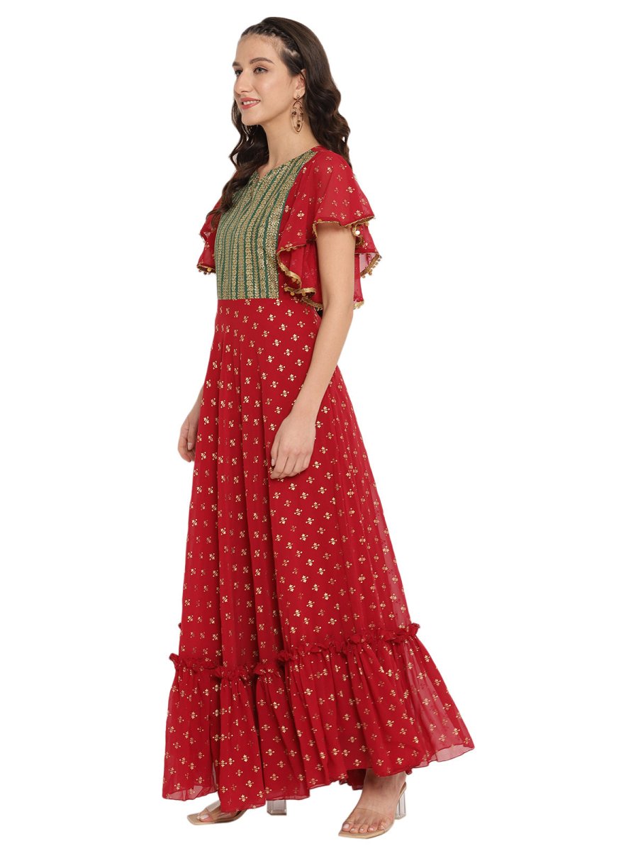 Ahalyaa Maroon & Golden Printed Fit and Flare Maxi Dress | Grocsy