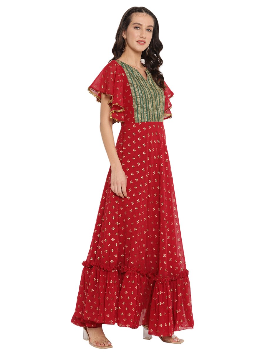Ahalyaa Maroon & Golden Printed Fit and Flare Maxi Dress | Grocsy