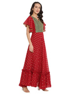 Ahalyaa Maroon & Golden Printed Fit and Flare Maxi Dress | Grocsy