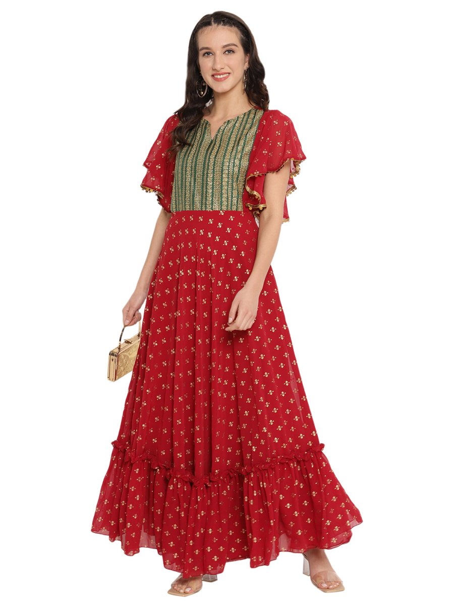 Ahalyaa Maroon & Golden Printed Fit and Flare Maxi Dress | Grocsy