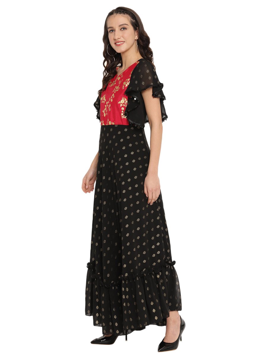 Ahalyaa Black & Red Flared Ethnic Maxi Dress | Grocsy