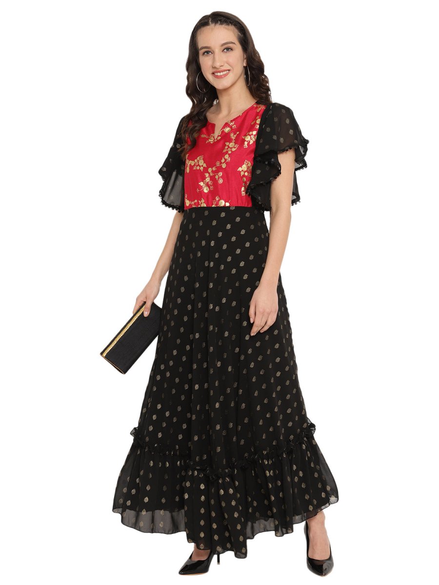 Ahalyaa Black & Red Flared Ethnic Maxi Dress | Grocsy