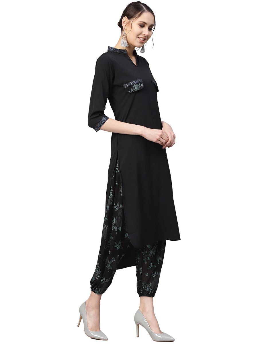 Ahalyaa Women Black & Green Solid Kurta with Harem Pants | Grocsy