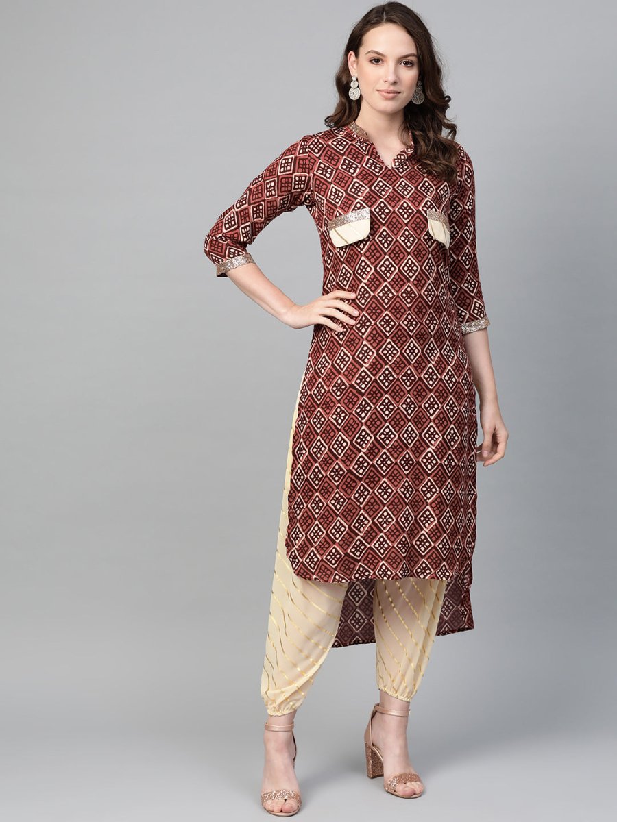 Ahalyaa Maroon & Cream-Coloured Printed Straight Kurta with Salwar | Grocsy