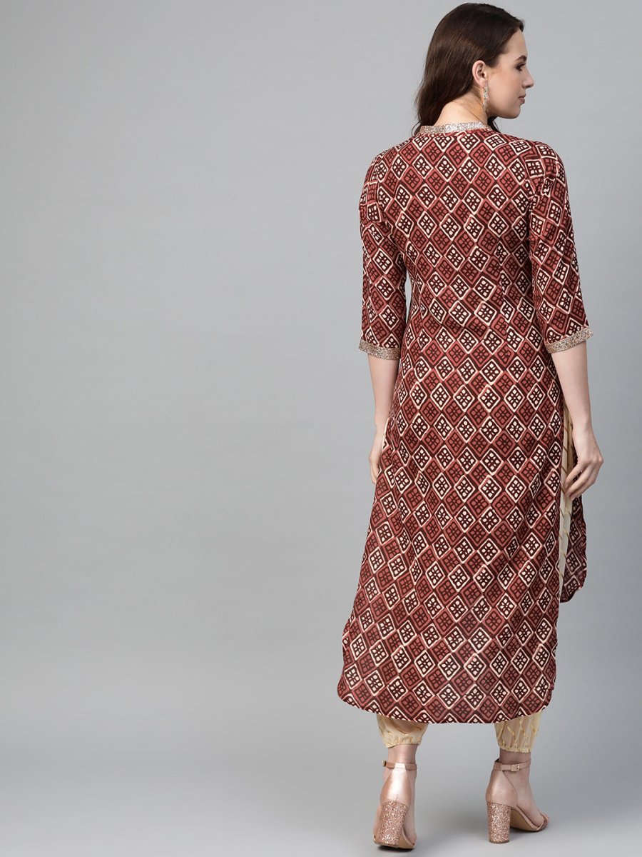 Ahalyaa Maroon & Cream-Coloured Printed Straight Kurta with Salwar | Grocsy