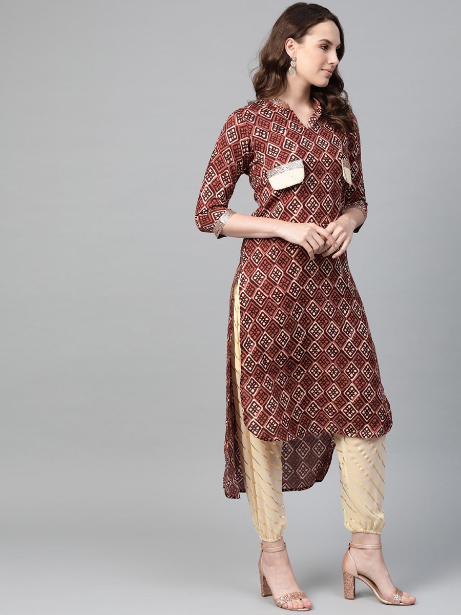 Ahalyaa Maroon & Cream-Coloured Printed Straight Kurta with Salwar | Grocsy