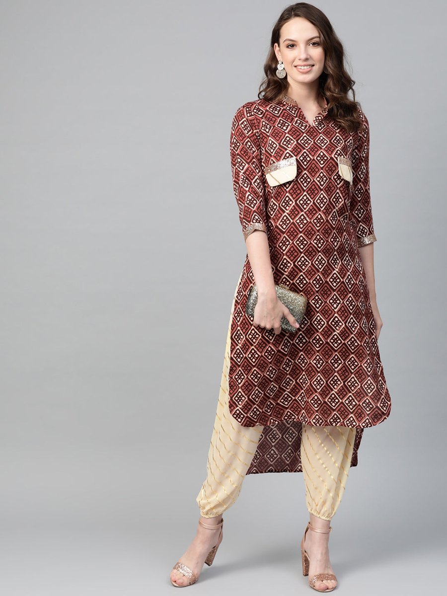 Ahalyaa Maroon & Cream-Coloured Printed Straight Kurta with Salwar | Grocsy