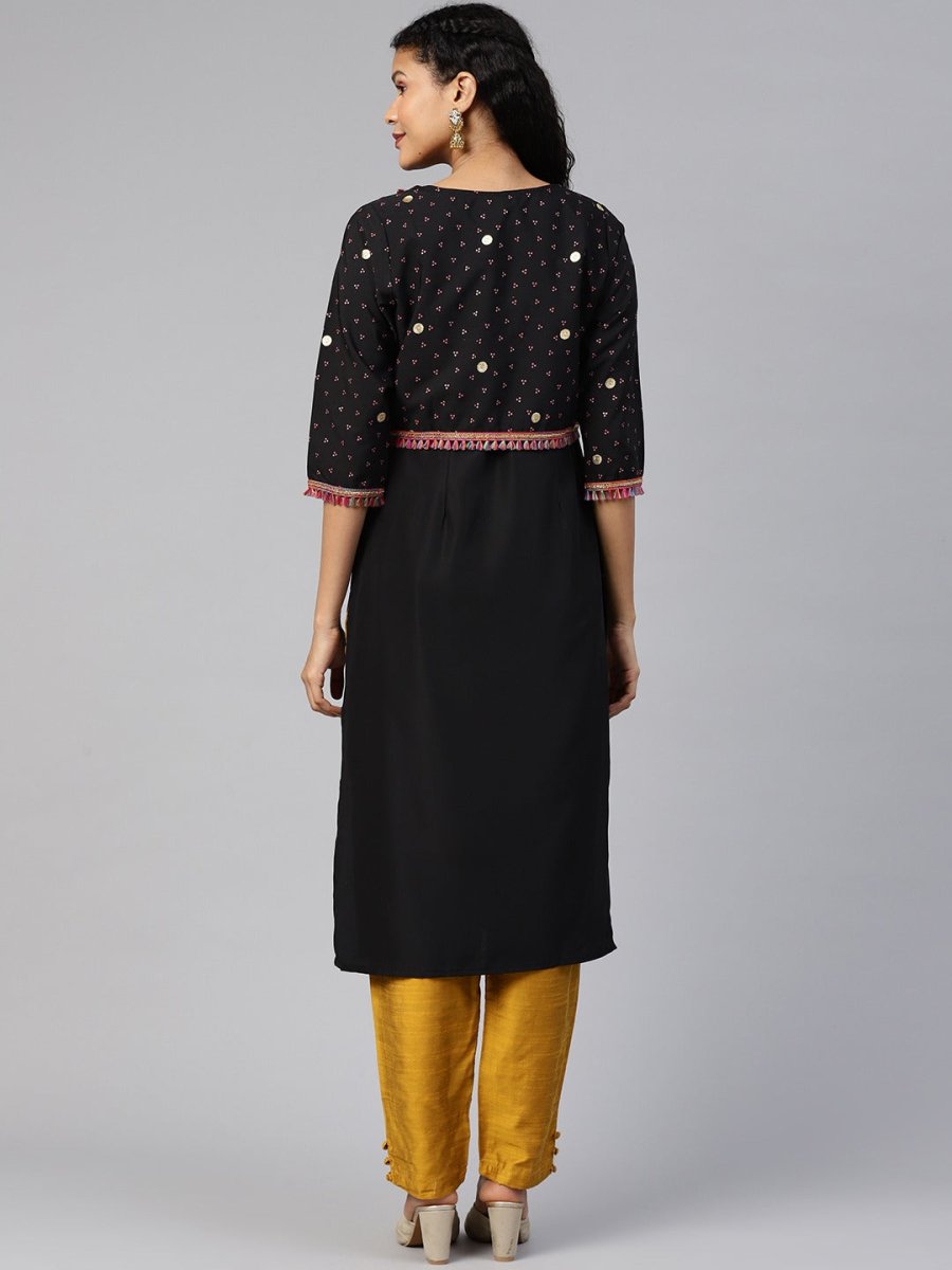 Ahalyaa Women Black & Pink Solid A-Line Kurta with Jacket | Grocsy