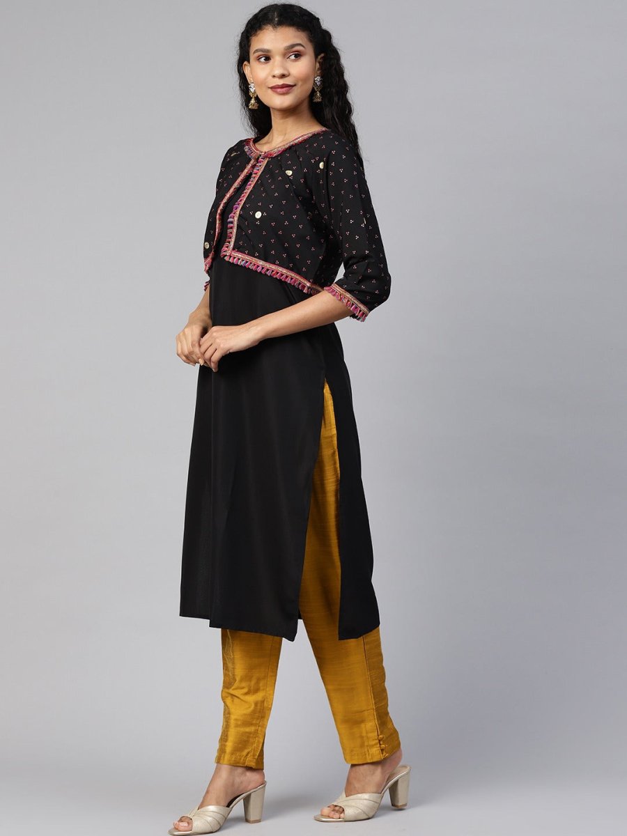 Ahalyaa Women Black & Pink Solid A-Line Kurta with Jacket | Grocsy