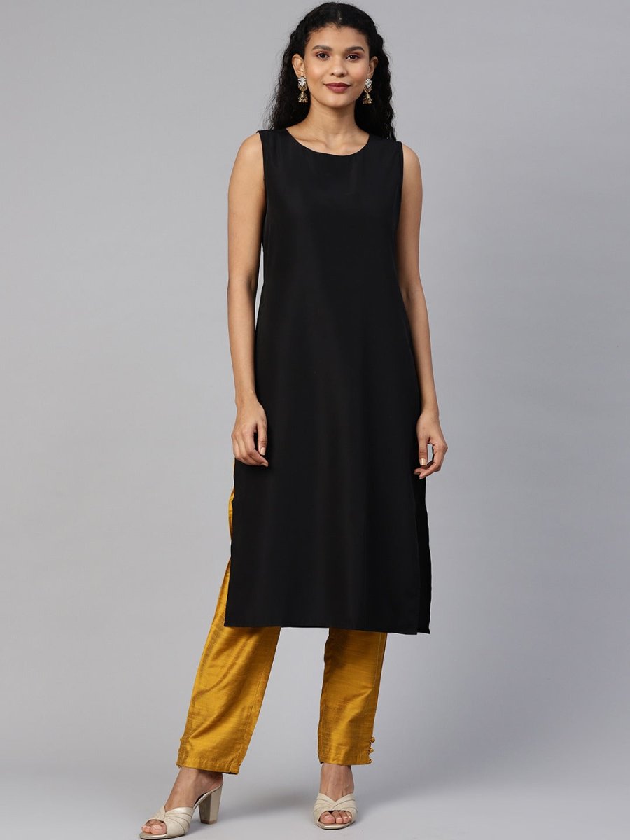 Ahalyaa Women Black & Pink Solid A-Line Kurta with Jacket | Grocsy