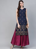 Ahalyaa Women Navy Blue & Magenta Ethnic Sreen Printed Layered Maxi Dress | Grocsy