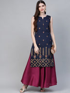 Ahalyaa Women Navy Blue & Magenta Ethnic Sreen Printed Layered Maxi Dress | Grocsy