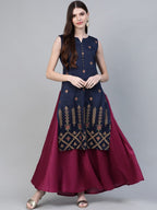 Ahalyaa Women Navy Blue & Magenta Ethnic Sreen Printed Layered Maxi Dress | Grocsy