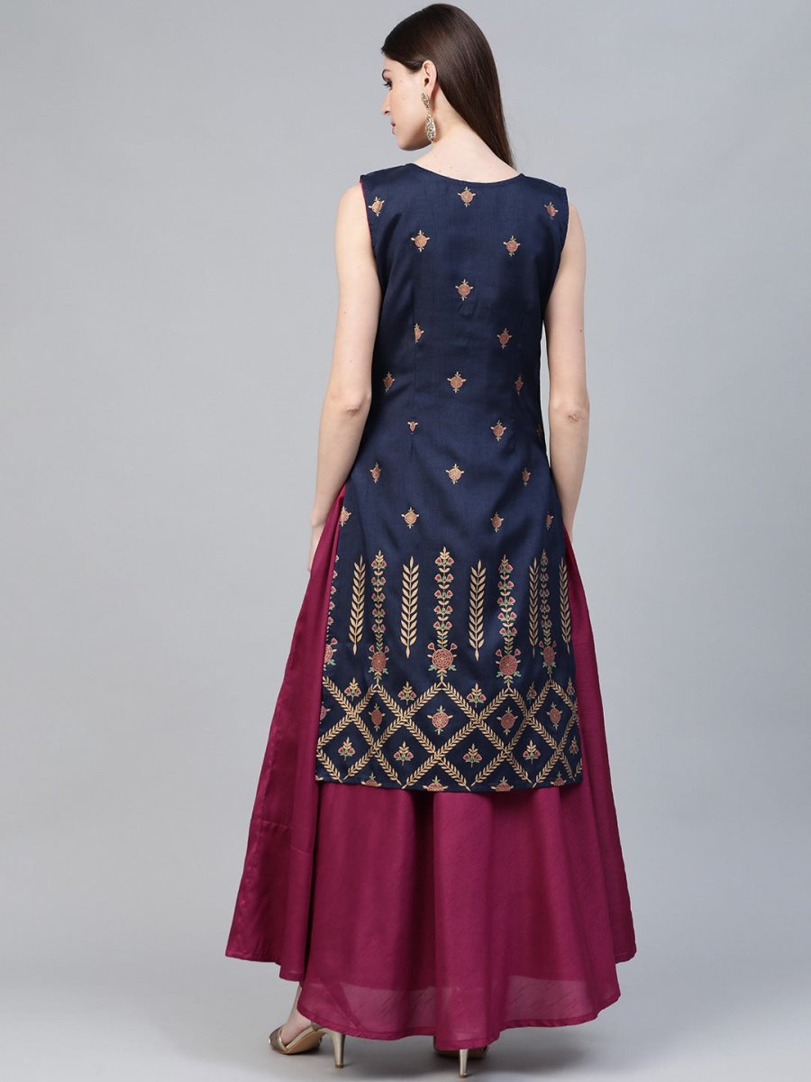 Ahalyaa Women Navy Blue & Magenta Ethnic Sreen Printed Layered Maxi Dress | Grocsy