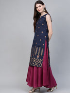 Ahalyaa Women Navy Blue & Magenta Ethnic Sreen Printed Layered Maxi Dress | Grocsy