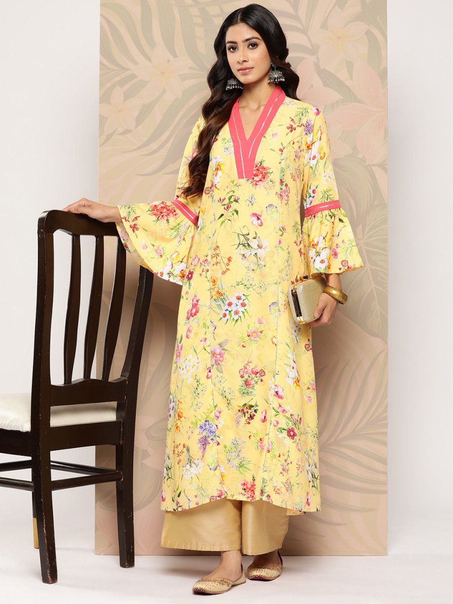 Ahalyaa Floral Printed Bell Sleeves Gotta Patti Crepe Kurta | Grocsy