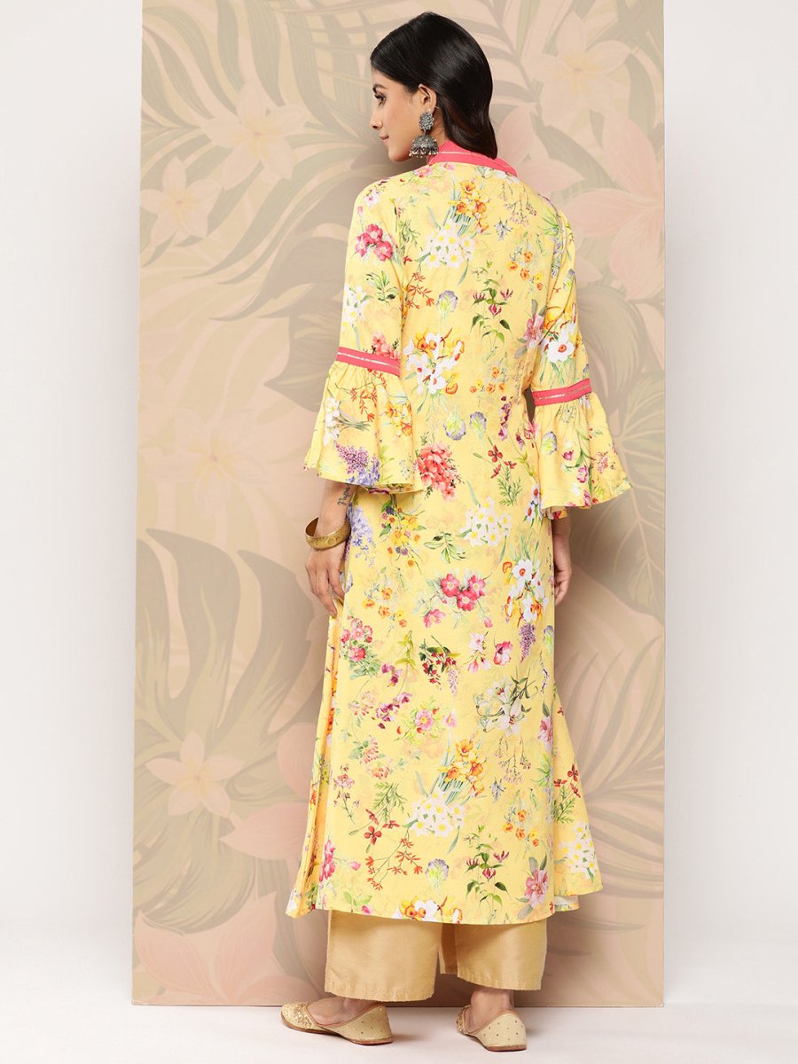 Ahalyaa Floral Printed Bell Sleeves Gotta Patti Crepe Kurta | Grocsy