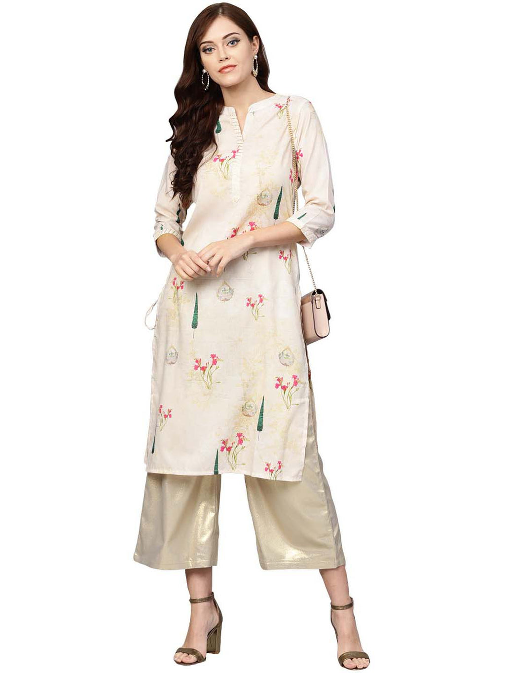 Ahalyaa Beige Printed Straight Kurta For Women | Grocsy
