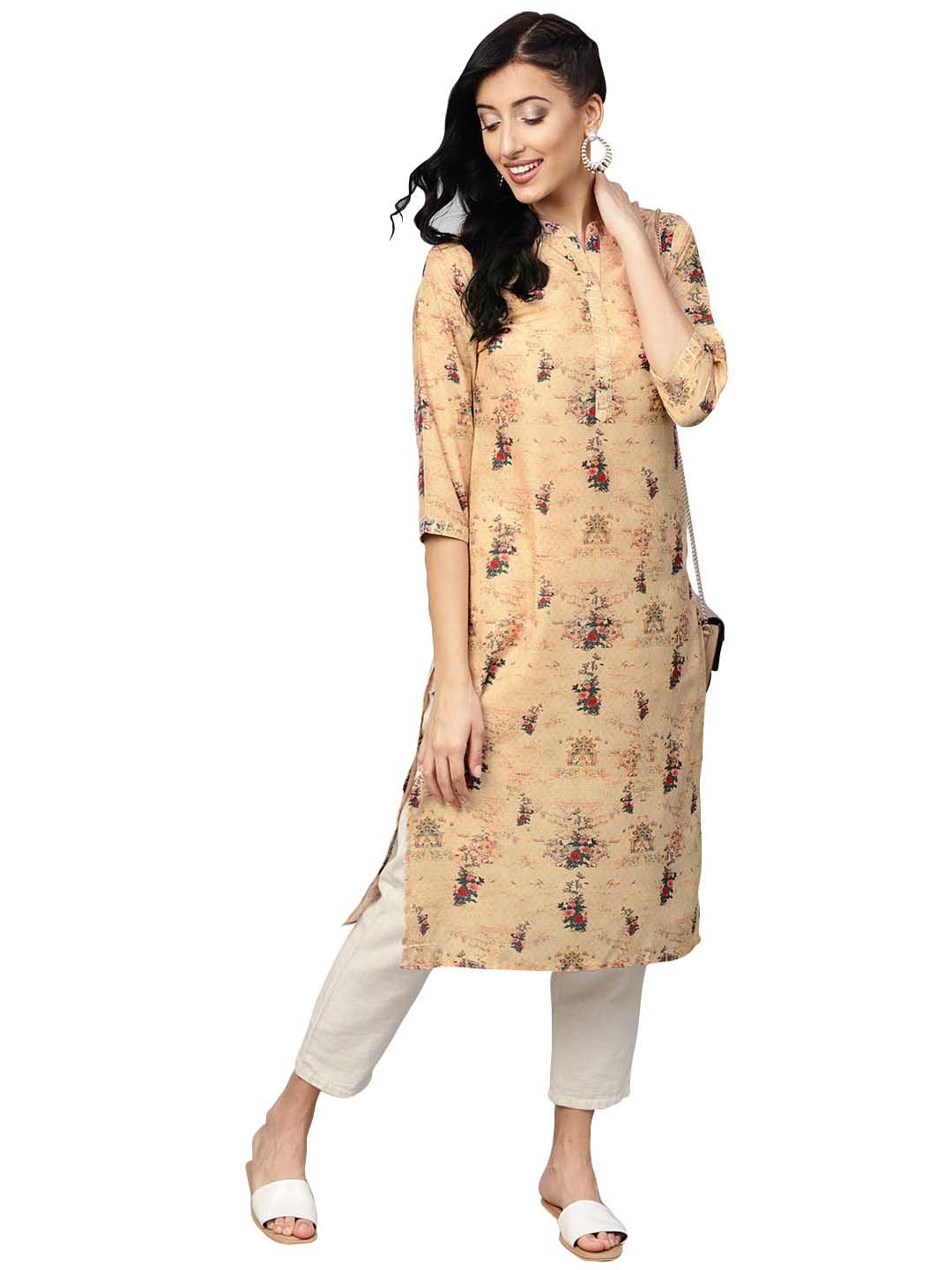 Ahalyaa Beige Dusty Print Straight Kurta For Women | Grocsy