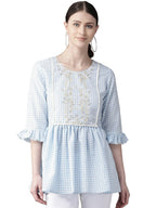 Ahalyaa Women Blue & White Checked A-Line Top | Grocsy