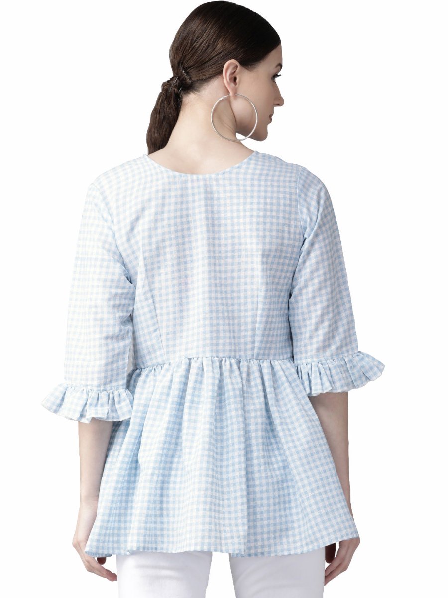 Ahalyaa Women Blue & White Checked A-Line Top | Grocsy