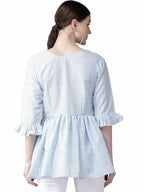 Ahalyaa Women Blue & White Checked A-Line Top | Grocsy