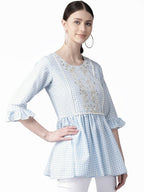 Ahalyaa Women Blue & White Checked A-Line Top | Grocsy