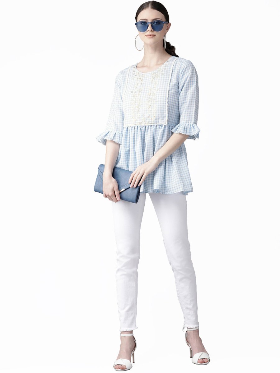 Ahalyaa Women Blue & White Checked A-Line Top | Grocsy