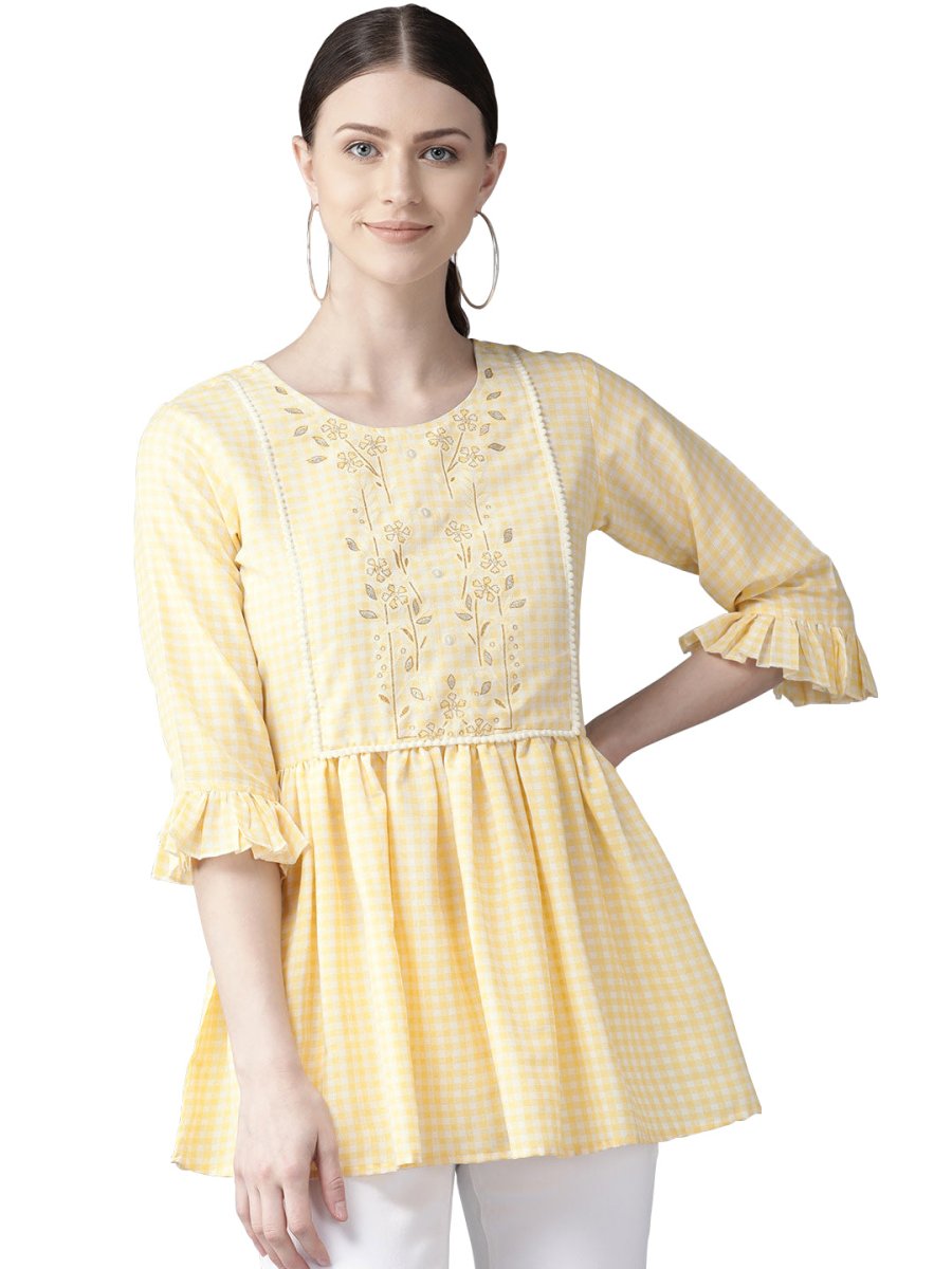 Ahalyaa Yellow & White Checked A-Line Top | Grocsy
