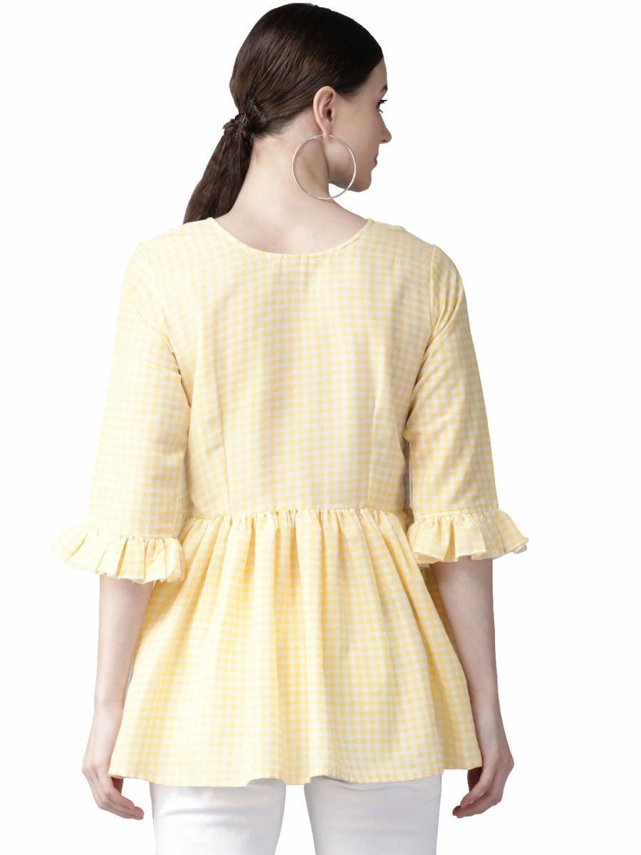 Ahalyaa Yellow & White Checked A-Line Top | Grocsy