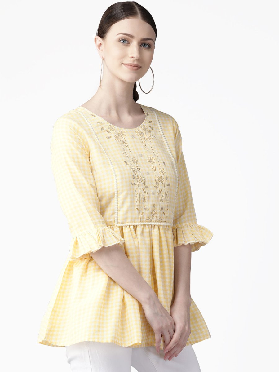 Ahalyaa Yellow & White Checked A-Line Top | Grocsy