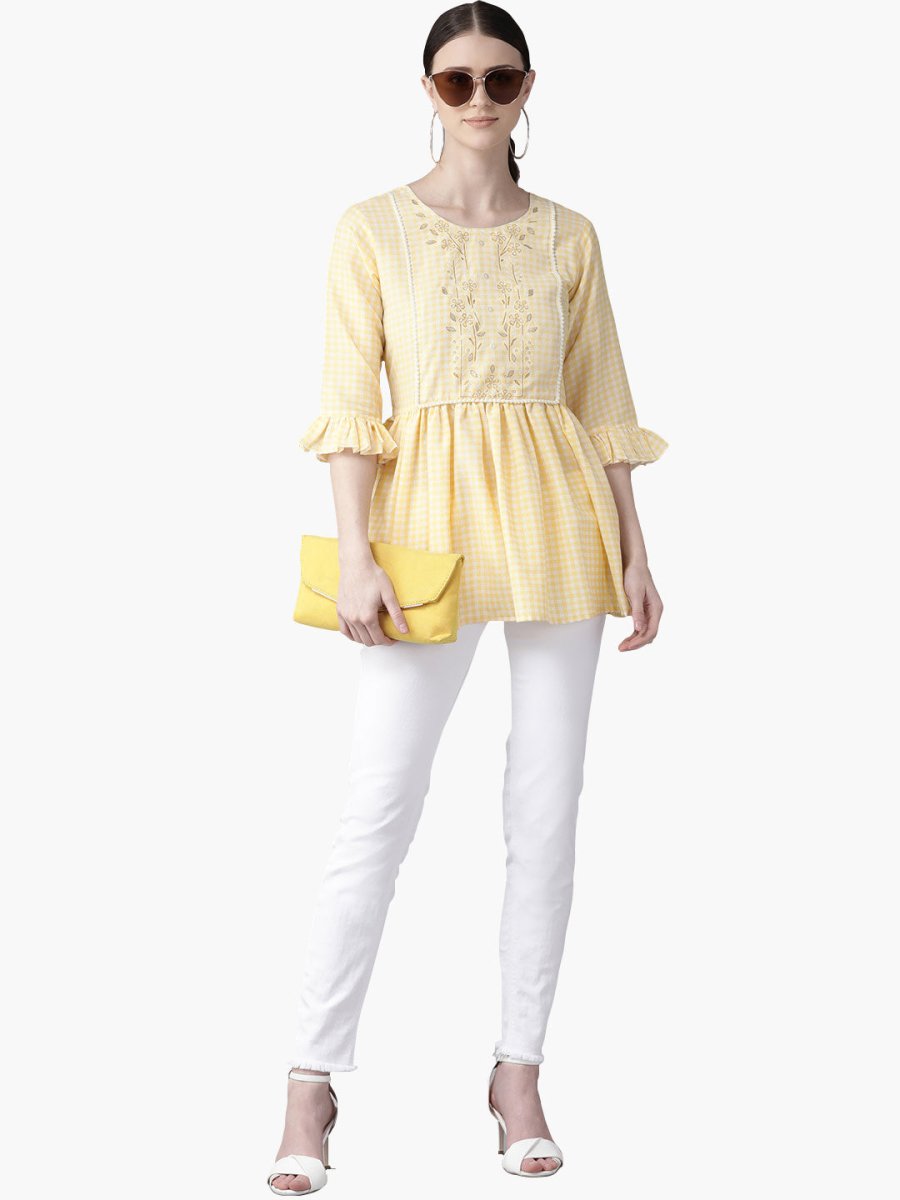Ahalyaa Yellow & White Checked A-Line Top | Grocsy
