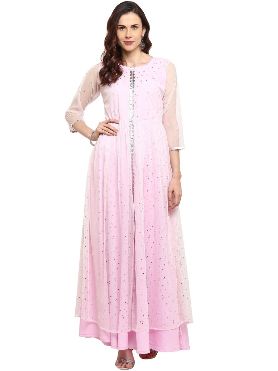 Ahalyaa Women's Stylist Double Layered Light Pink Indo Western Kurta Dress | Grocsy