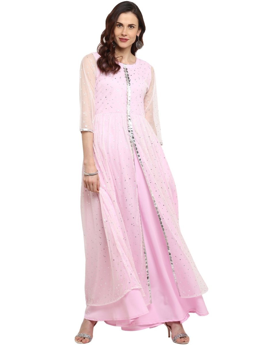 Ahalyaa Women's Stylist Double Layered Light Pink Indo Western Kurta Dress | Grocsy