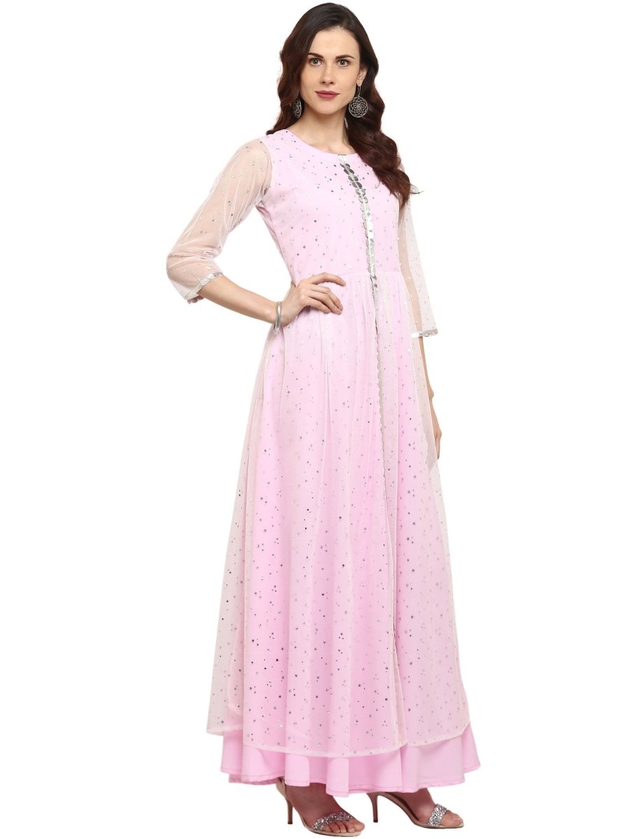 Ahalyaa Women's Stylist Double Layered Light Pink Indo Western Kurta Dress | Grocsy