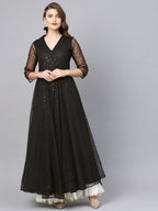 Ahalyaa Black Star Foil Print Angrakha Anarkali Kurta | Grocsy