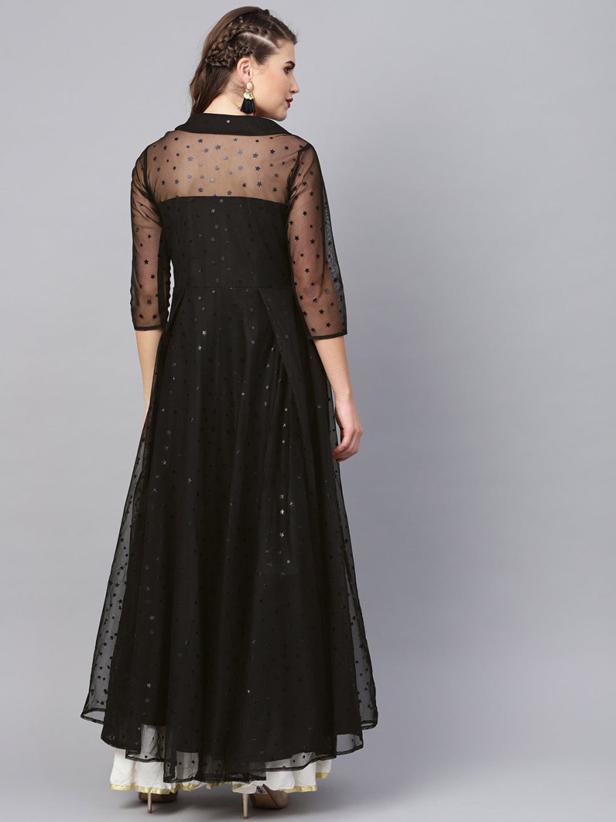 Ahalyaa Black Star Foil Print Angrakha Anarkali Kurta | Grocsy