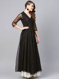 Ahalyaa Black Star Foil Print Angrakha Anarkali Kurta | Grocsy