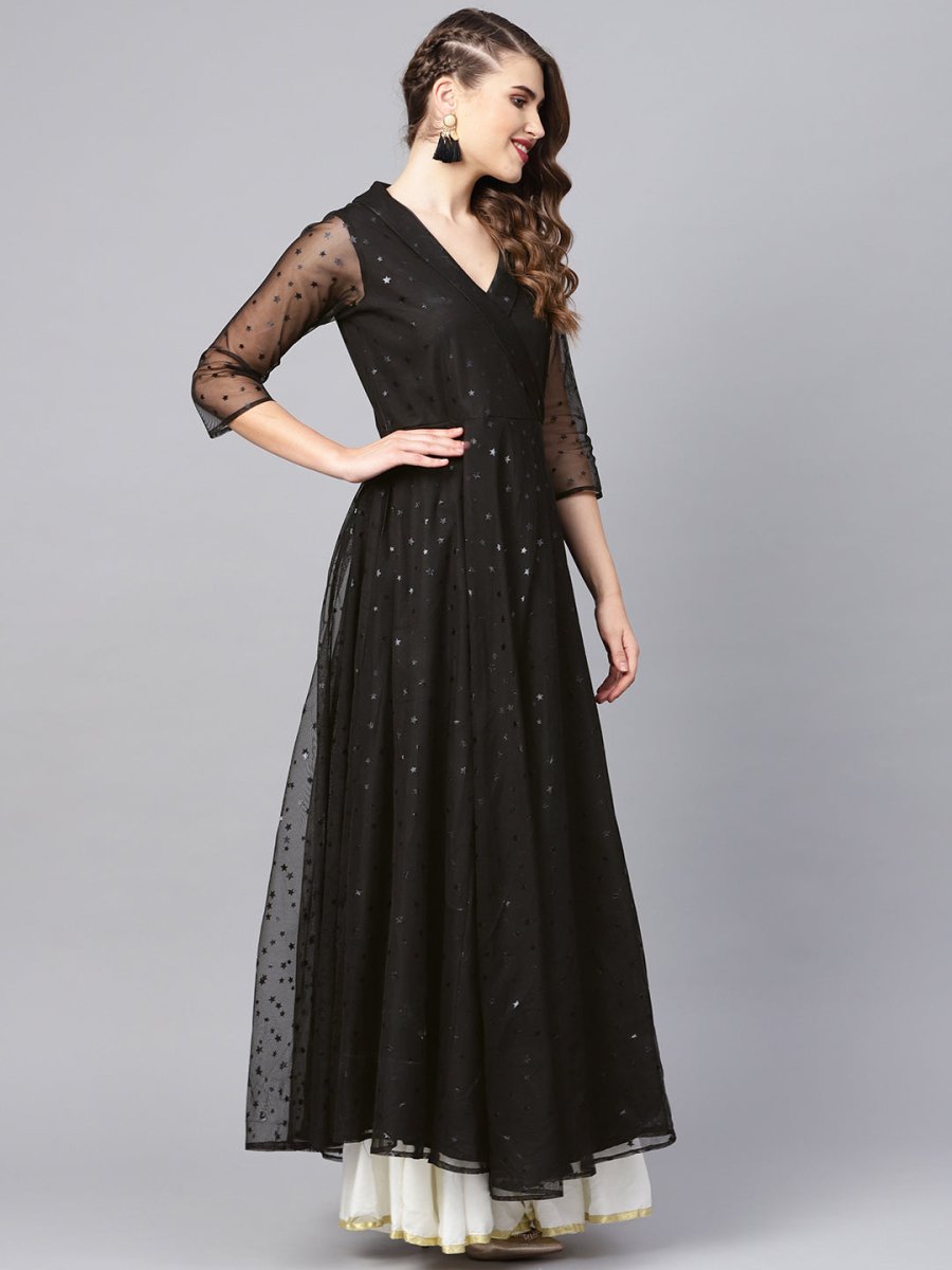 Ahalyaa Black Star Foil Print Angrakha Anarkali Kurta | Grocsy