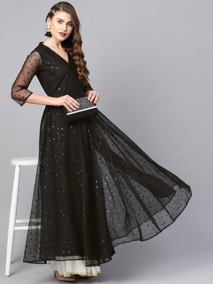 Ahalyaa Black Star Foil Print Angrakha Anarkali Kurta | Grocsy