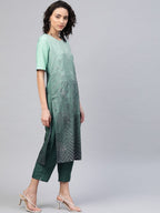 Ahalyaa Women Sea Green & Blue Printed Kurta With Trousers | Grocsy