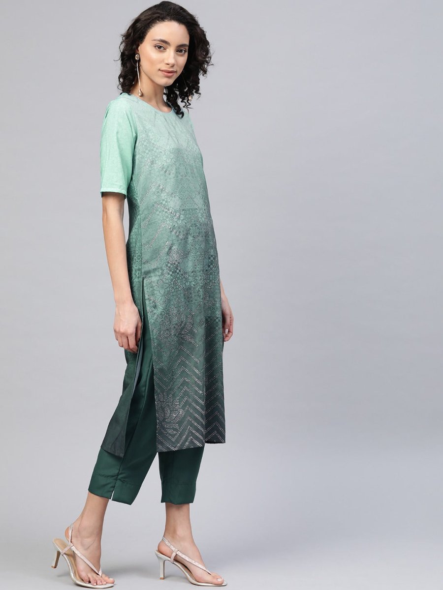 Ahalyaa Women Sea Green & Blue Printed Kurta With Trousers | Grocsy