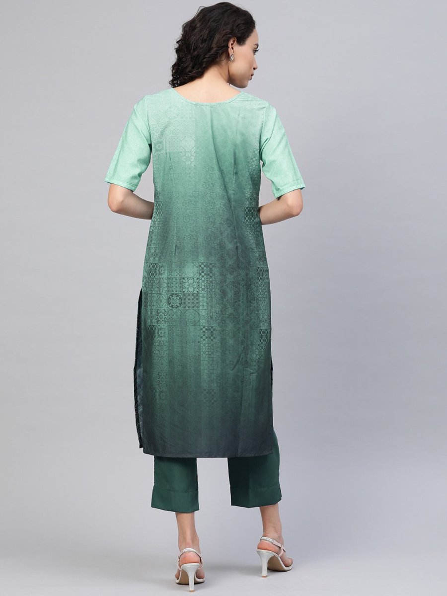 Ahalyaa Women Sea Green & Blue Printed Kurta With Trousers | Grocsy
