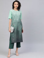 Ahalyaa Women Sea Green & Blue Printed Kurta With Trousers | Grocsy