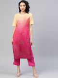 Ahalyaa Women Pink & Golden Dyed Printed Kurta With Trousers | Grocsy