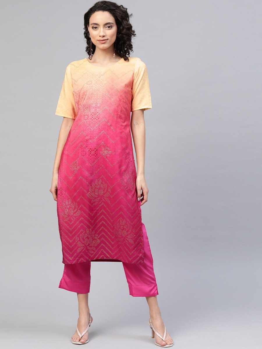 Ahalyaa Women Pink & Golden Dyed Printed Kurta With Trousers | Grocsy
