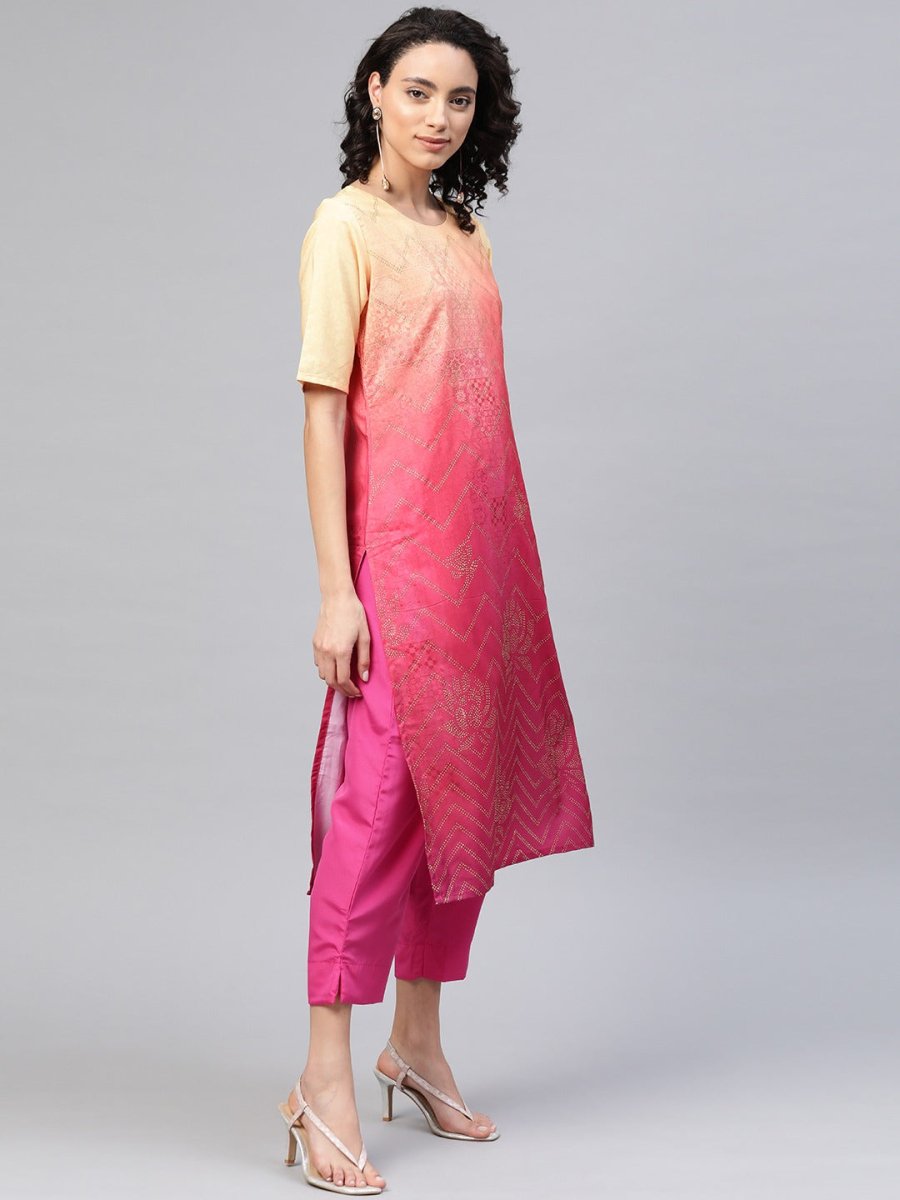 Ahalyaa Women Pink & Golden Dyed Printed Kurta With Trousers | Grocsy