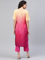 Ahalyaa Women Pink & Golden Dyed Printed Kurta With Trousers | Grocsy