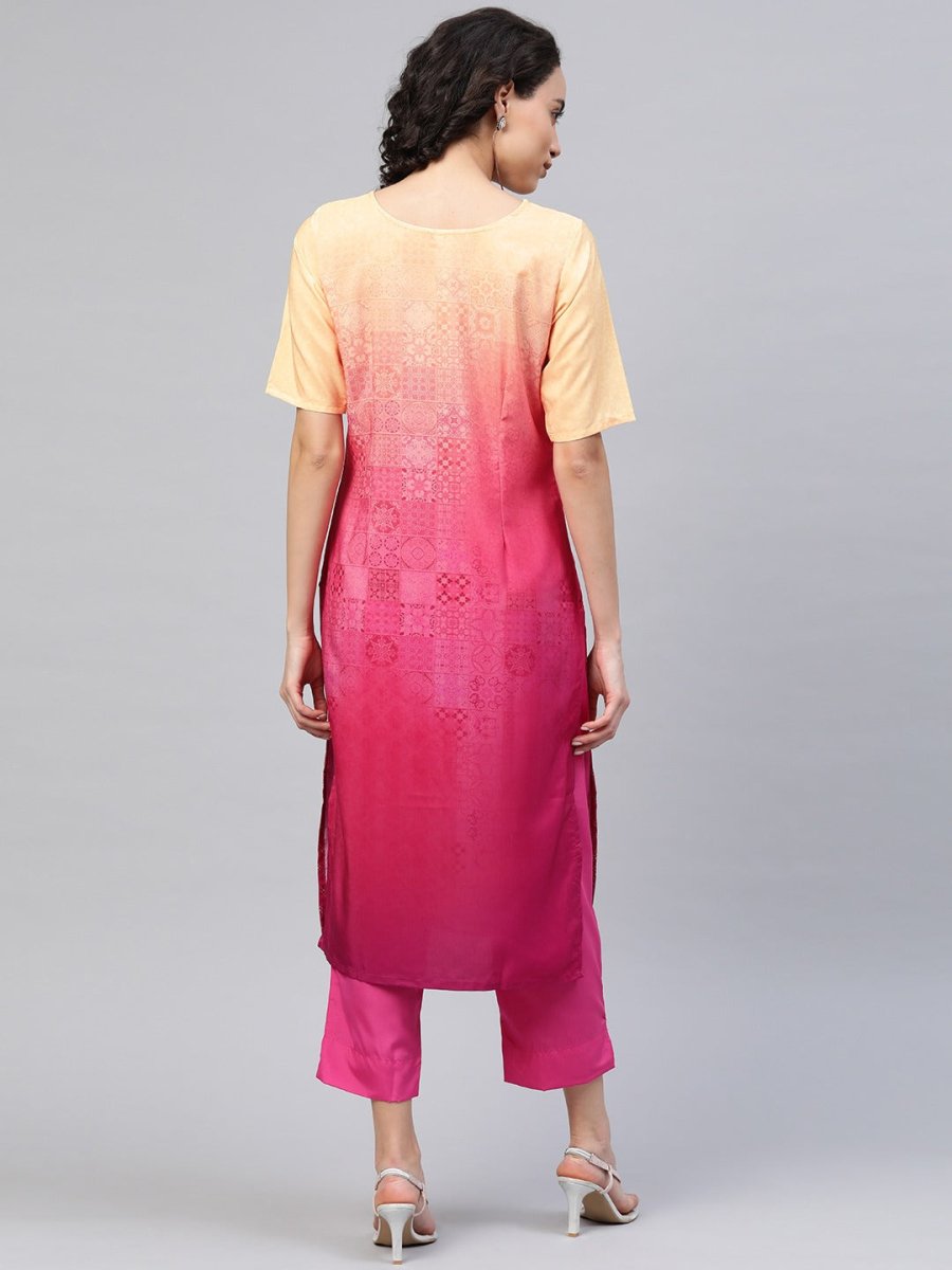 Ahalyaa Women Pink & Golden Dyed Printed Kurta With Trousers | Grocsy